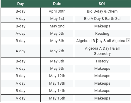 CHS Spring SOL Testing Schedule