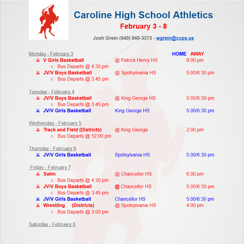 This is the schedule of CHS athletic events for the week of February 3rd-8th